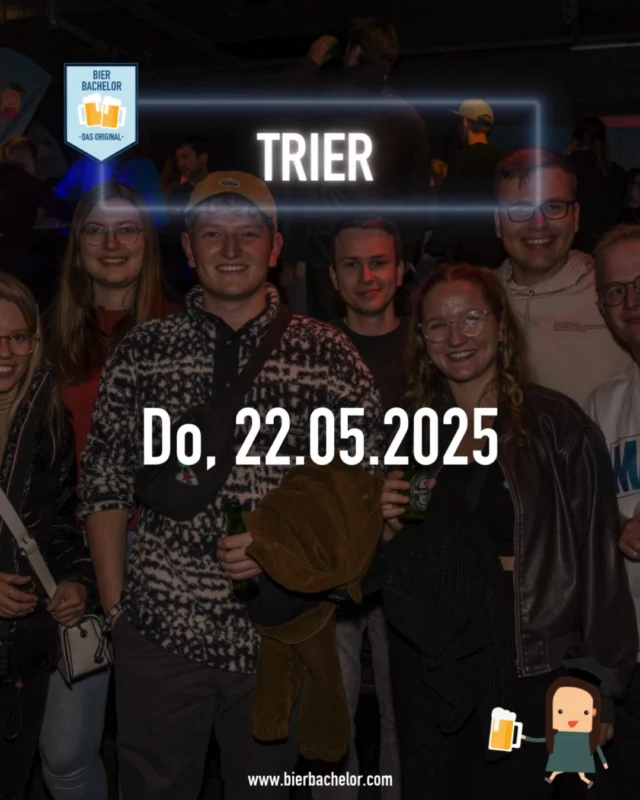 🎓🍻 Auf die Plätze, fertig, Prost – der Bier Bachelor kommt nach Trier! 🍻🎓

📅 Datum: 22. Mai 2025
💸 Preis: 7-9 € (je nach Anzahl gekaufter Tickets)

Stell dir vor: 10 Bars, 10 Getränke, 10 Stempel – und am Ende hältst du stolz deinen Bier Bachelor in der Hand! 🍺💪 Aber das Beste kommt zum Schluss: Eine unvergessliche Party, bei der du deinen Abschluss gebührend feiern kannst. 🎉🎶

🎟️ Tickets gibt's hier: https://www.bierbachelor.com/tickets/Trier

Bist du bereit, deine Grenzen (und vielleicht auch deinen Durst) zu testen? 😉 Dann schnapp dir deine Freunde, sichere dir dein Ticket und werde Teil der legendärsten Kneipentour der Stadt! 🥳

👉 Lasst uns wissen: Wer ist dabei? Markiert eure Freunde, die den Bier Bachelor unbedingt bestehen müssen, und teilt den Beitrag, damit niemand diese epische Nacht verpasst! 🚀

#bierbachelor #trier #studentenleben #prost #kneipentour